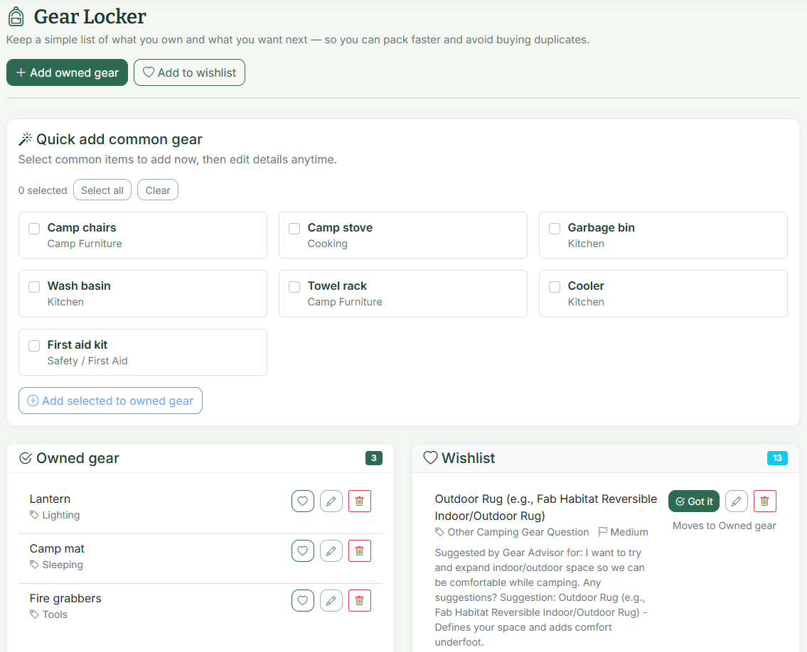 Gear Locker feature showing owned gear and wishlist